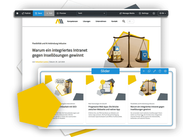 PageBuilder-Screenshot mit dem News-Modul inklusive Content-Slider.