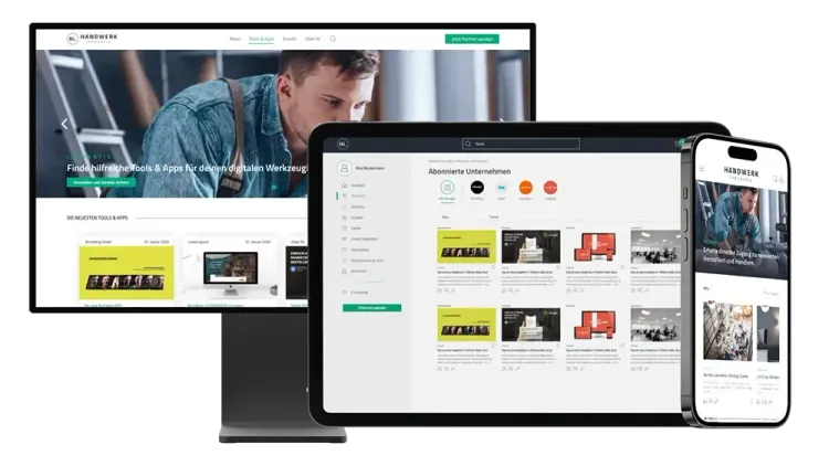New Handwerk Innovativ portal Mobile devices with the Handwerk Innovativ portal in the browser