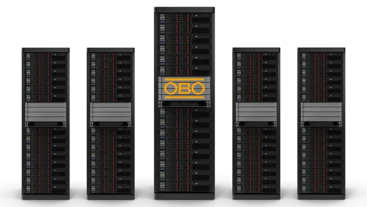 New OBO Bettermann e-commerce platform Five servers with the OBO Bettermann logo symbolize the highly available online shop of the company