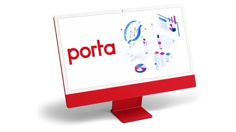 Ein Monitor zeigt das porta-Logo und Symbolbilder für eine E-Commerce-Plattform