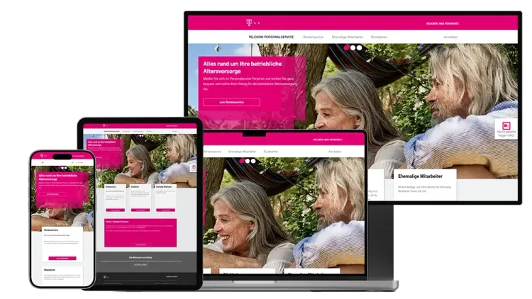 Responsive Design des Telekom Personalportals Mehrere Endgeräte zeigen das Personalportal der Telekom auf ihren Displays