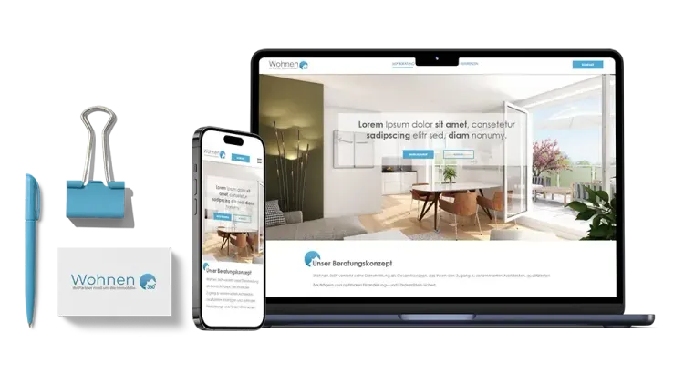 Neue Corporate Identity von Wohnen 360 Grad Werbemittel und Website mit Logo und neuer CI von Wohnen 360 Grad