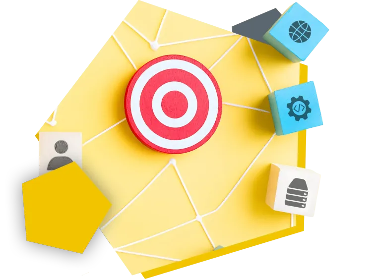 Reibungslose Prozesse Zielscheibe und verschiedene Symbole, verbunden durch reibungslose Prozesse der Datenintegration.