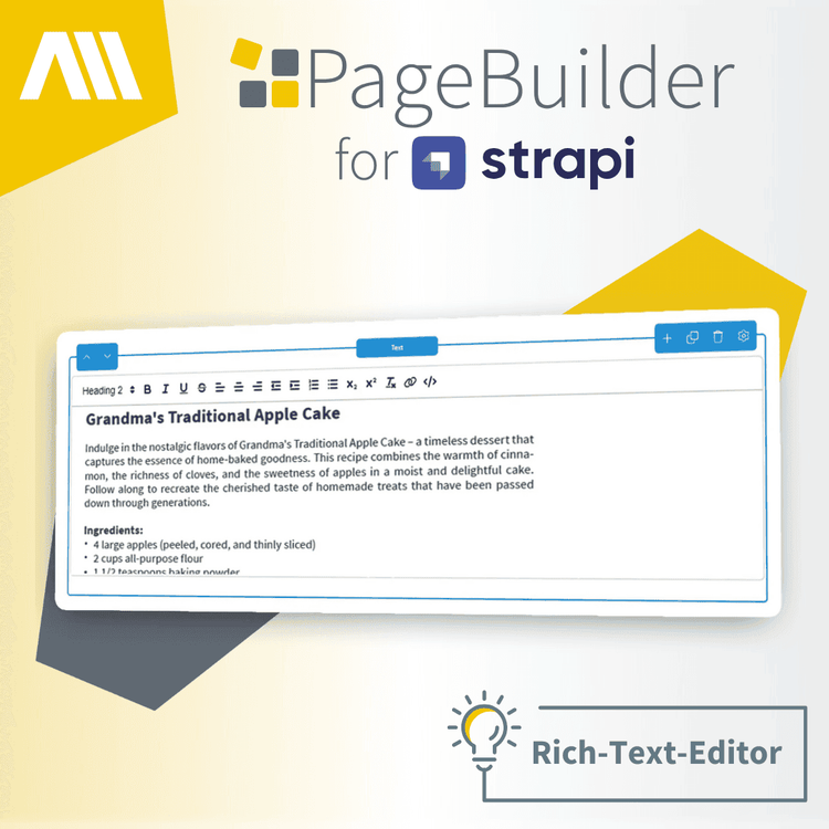 Content-Elemente im PageBuilder für Strapi der AM GmbH Screenshot vom Rich-Text-Editor des PageBuilders für Strapi