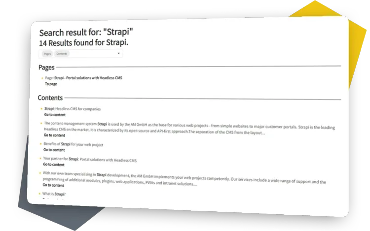 Strapi PageBuilder Search Function Screenshot of the Search Function in PageBuilder. The autocomplete function shows a suggestion for search terms and the results page.