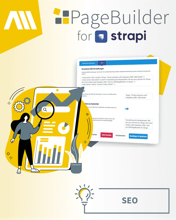 SEO leicht gemacht Screenshot der SEO-Funktionen im PageBuilder für Strapi