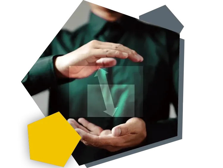Scalability and investment security Man holds his hands protectively around a box that stands for scalability
