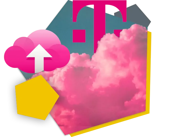 Telekom MyWorkplace Clouddienste Telekom-Logo hinter einer magenta-farbigen Wolke und IT-Cloud-Symbol.