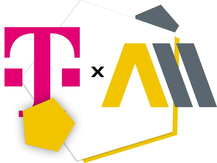 Kooperation AM GmbH mit der Telekom Logo der Telekom links und Logo der AM GmbH rechts mit Deko-Elementen.