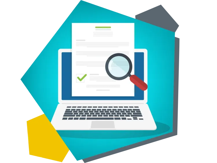 Tenant Check Audit Logs Dokument auf einem Laptop-Bildschirm mit Lupe als Symbol für einen M365 Tenant Check.