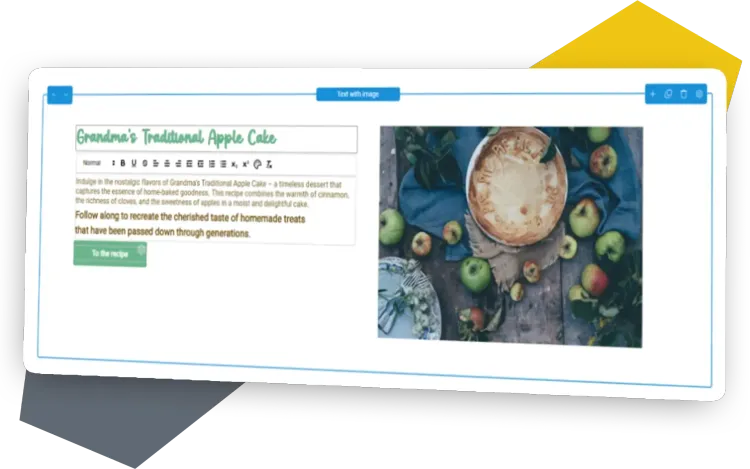 Strapi PageBuilder Text with Image Screenshot of the content element Text with Image in the editor view, filled with sample text and an image.