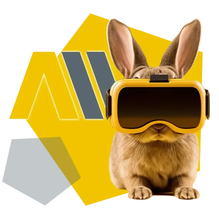 Creative solutions for innovative technologies Our mascot Amy with yellow VR glasses in front of the AM GmbH logo