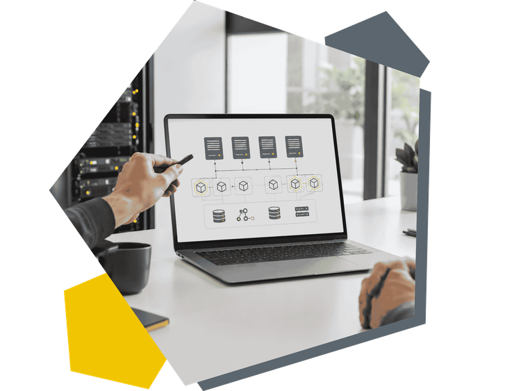 Beratung zur IT-Infrastruktur mit schematischer Darstellung virtueller Server und Container.