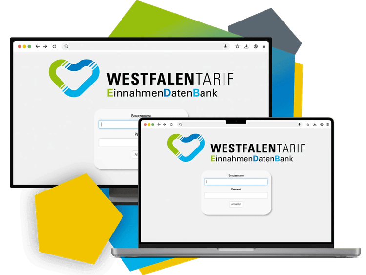 Screenshots der EinnahmenDatenBank Applikation auf Monitor und Laptop-Bildschirm.