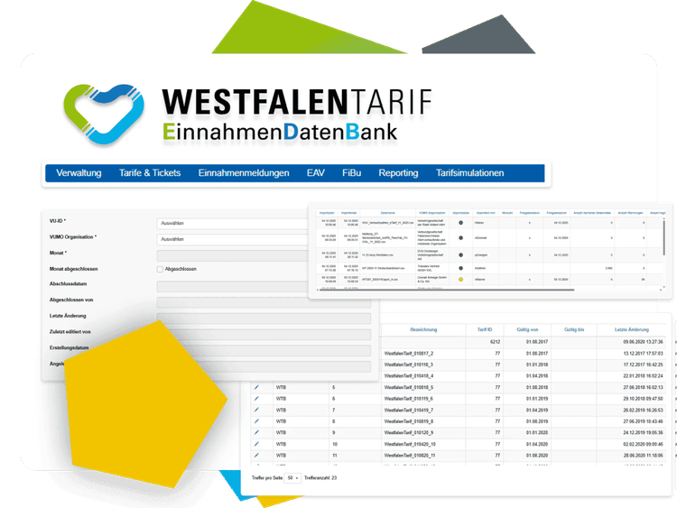 Screenshots aus der EinnahmenDatenBank Applikation von WestfalenTarif.