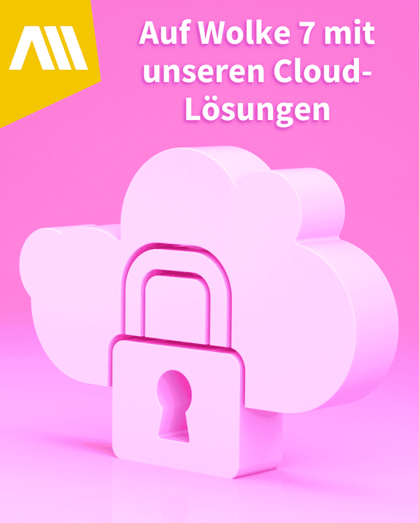 Auf Wolke 7 mit den sicheren Cloud-Lösungen der AM GmbH Pinker Hintergrund mit rosa Wolke, in die ein Schloss eingebaut ist