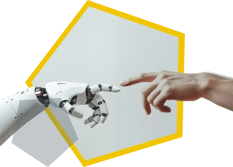Roboterhand und menschliche Hand berühren sich vor einem gelben Hexagon.