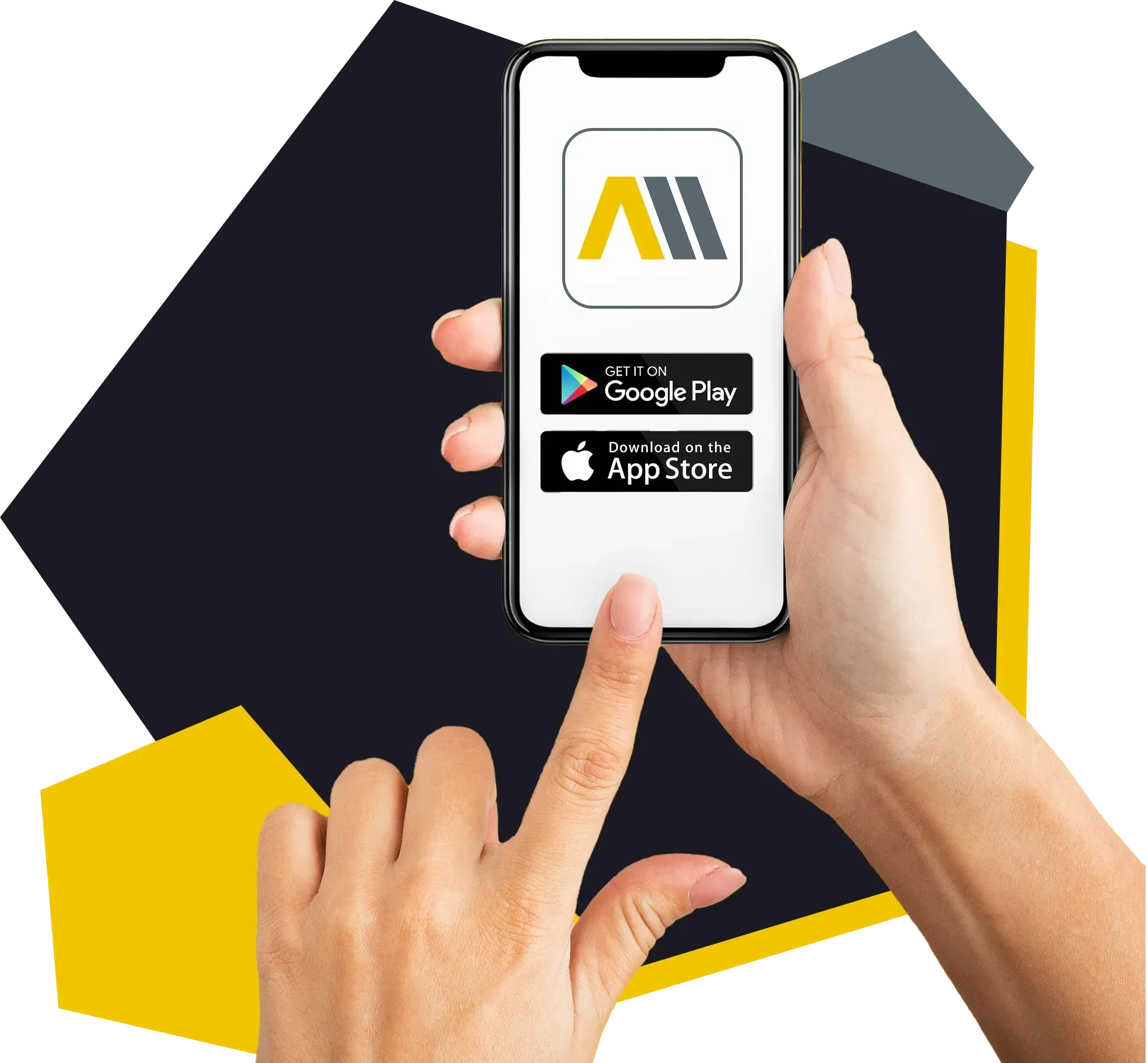 Ihre digitale Plattform als Smartphone-App Smartphone zeigt eine mobile App mit Optionen zum Download im Google Play und Apple App Store