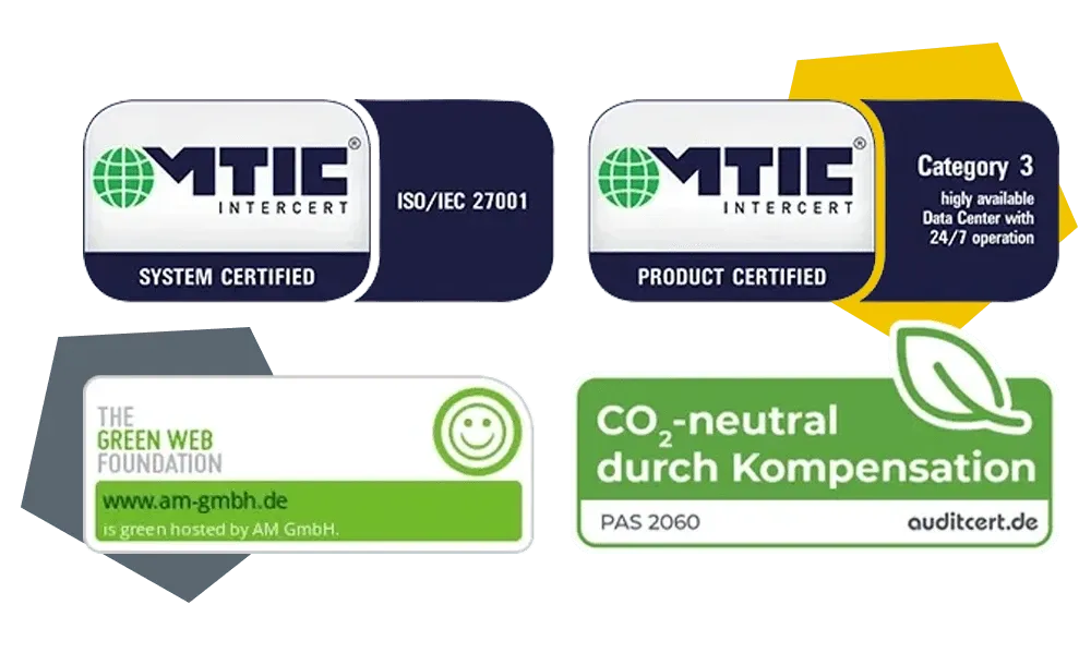 MTIC-Zertifikate, The Green Foundation Badge und Auditcert-Zertifikat das für die AM-Rechenzentren