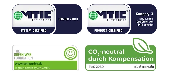 MTIC certificates, The Green Foundation Badge and Auditcert certificate for the AM data centers.