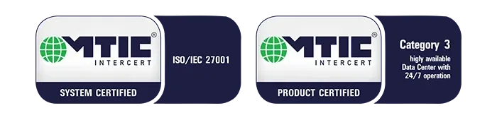 MTIC Zertifikate für System ISO 27001 und Produkt Data Center Category 3