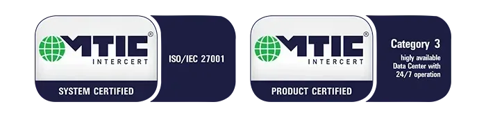 MTIC certificates for the AM data centres MTIC certificates for system ISO 27001 and product Data Center Category 3