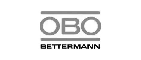 OBO Bettermann Logo Unternehmensname in Großbuchstaben, OBO eingehüllt in zwei grauen, waagerechten Streifen.