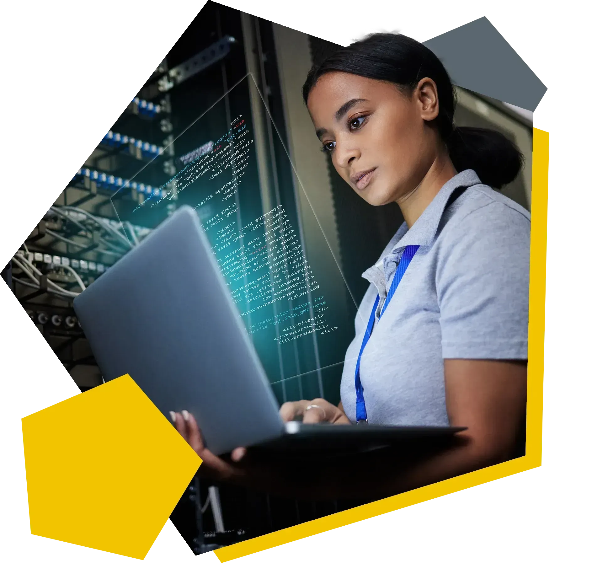 IT and cloud services for companies IT specialist monitors servers and data in the AM data centers using her laptop