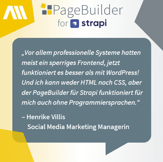 Zitat Henrike Villis zum PageBuilder Ausgeschriebenes Zitat mit weißer Schrift auf grauem Hintergrund