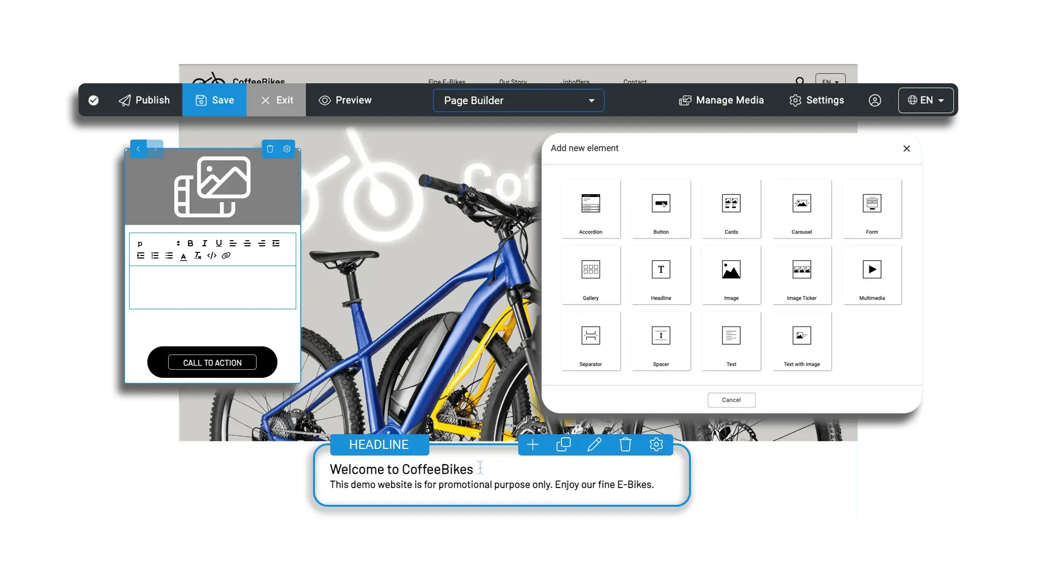 Screenshots of the PageBuilder demo home page CoffeeBikes with hero image and settings.