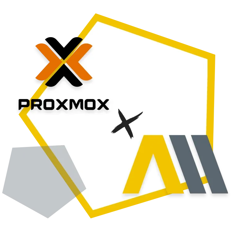 Grafik zur Proxmox-Virtualisierung mit Proxmox-Logo und AM GmbH-Logo.