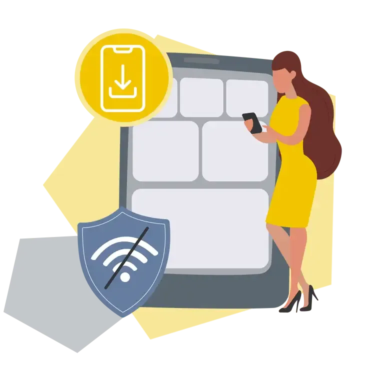 Stilisiertes Handy mit Figur und zwei Badges, ein Download-Button und das Internet-Symbol durchgestrichen.