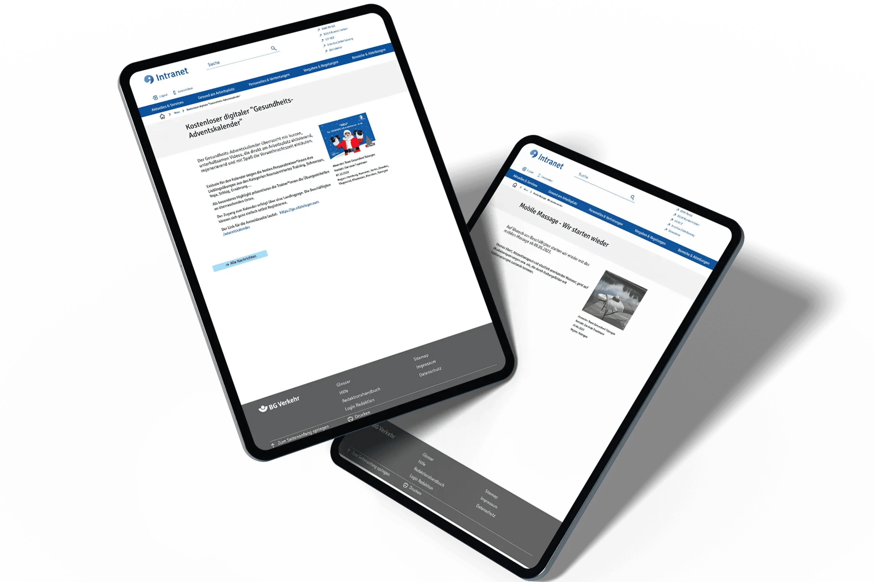 Intranet of the BG Verkehr in the mobile view iPad mockup with a side view of the BG Verkehr intranet