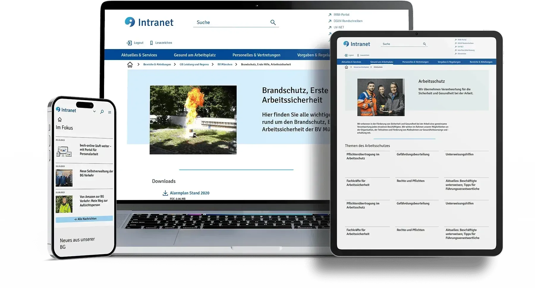 The BG Verkehr intranet Mockup views on end devices of the BG Verkehr intranet