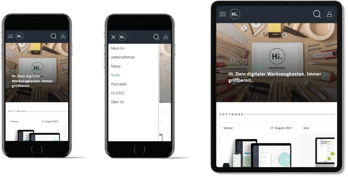 Responsive Design des Hi-Portals Smartphones mit Ansichten des Portals Handwerk Innovativ