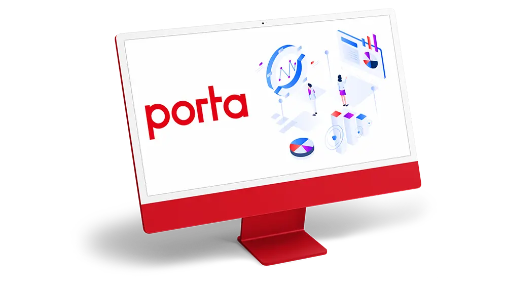 Ein Monitor zeigt das porta-Logo und Symbolbilder für eine E-Commerce-Plattform