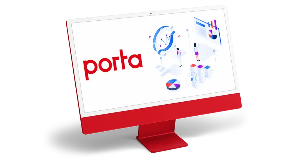 New concept for porta's e-commerce platform A monitor shows the porta logo and symbol images for an e-commerce platform