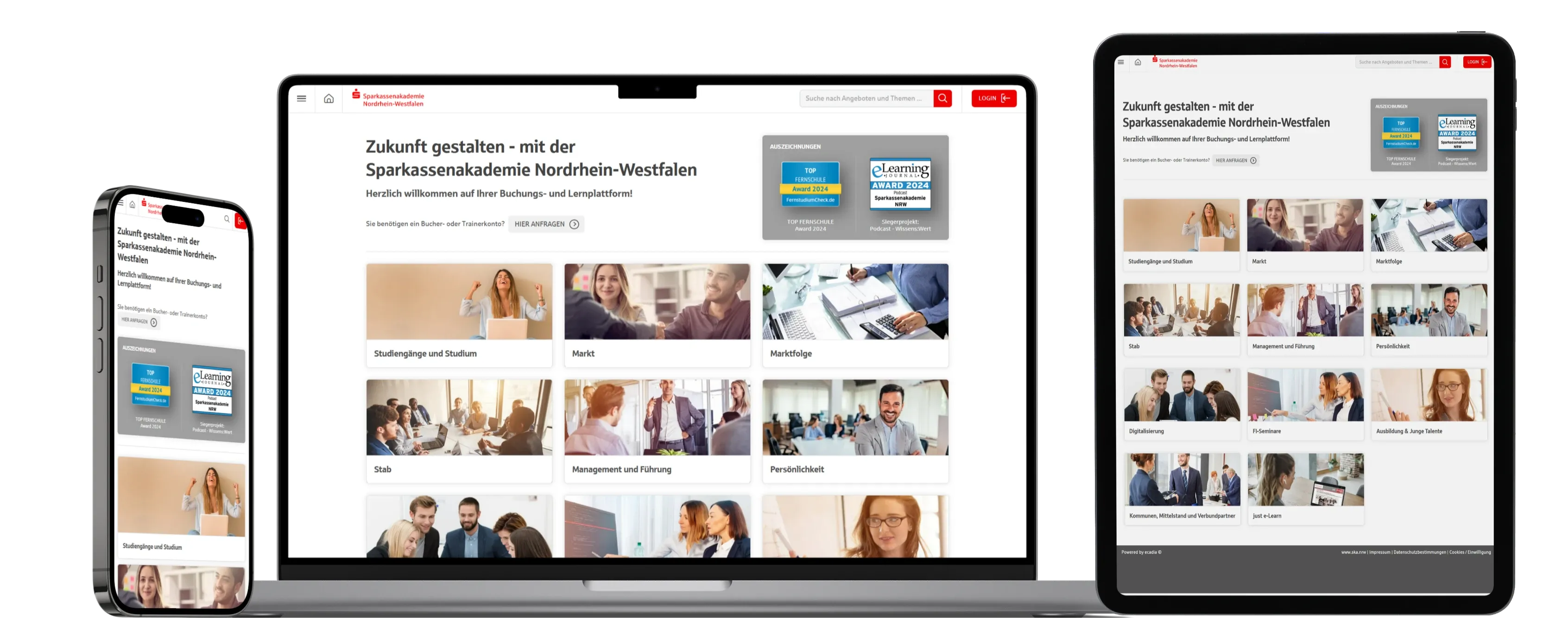 Responsive Darstellung der neuen Lernplattform Ecadia auf verschiedenen mobilen Geräten
