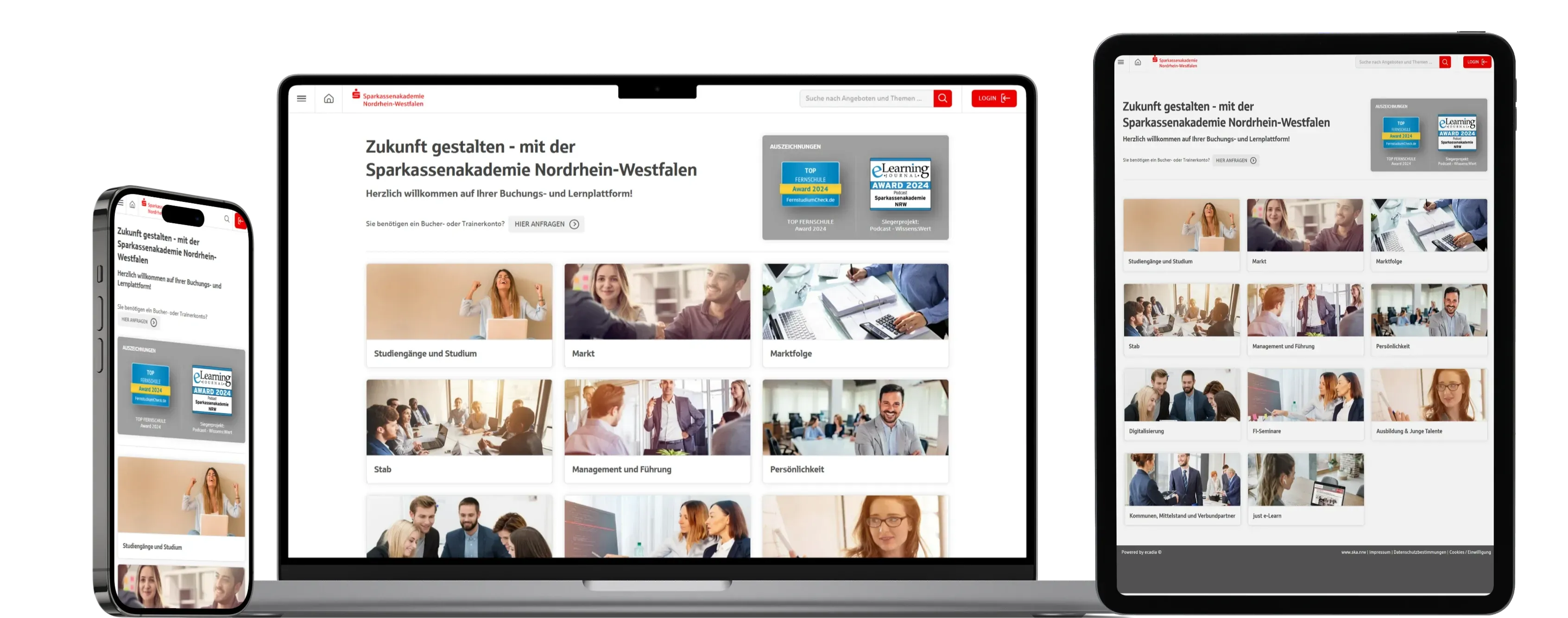 Sparkassenakademie NRW Learning Platform Ecadia Responsive presentation of the new Ecadia learning platform on various mobile devices