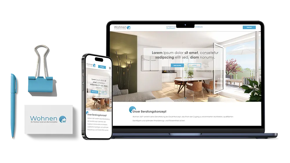 Werbemittel und Website mit Logo und neuer CI von Wohnen 360 Grad