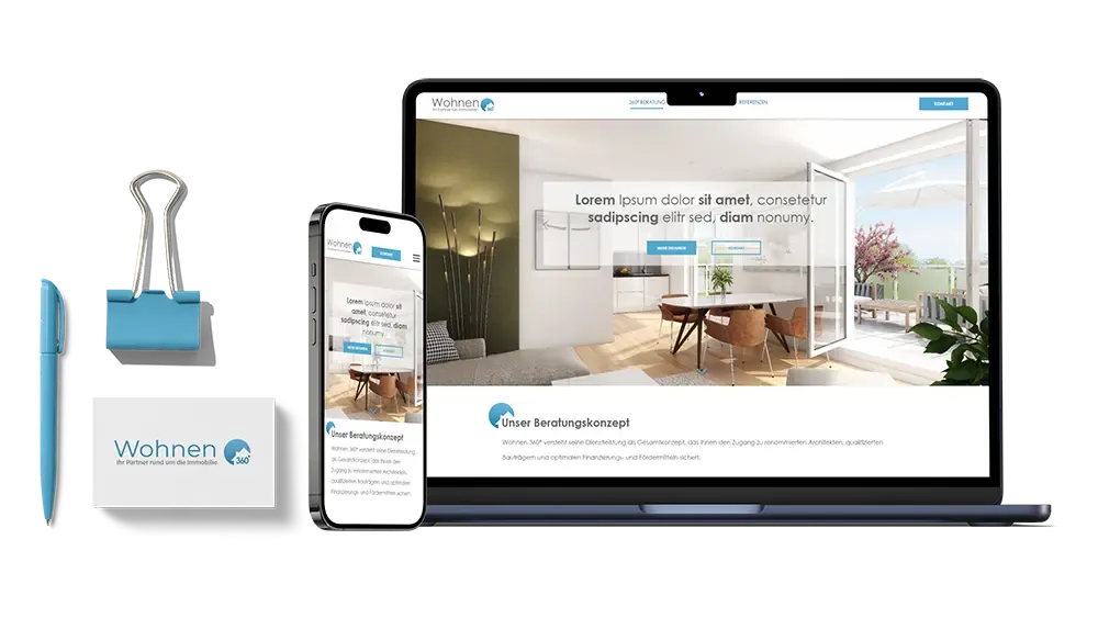 New corporate identity of Wohnen 360 Grad Advertising material and website with logo and new CI of Wohnen 360 Grad