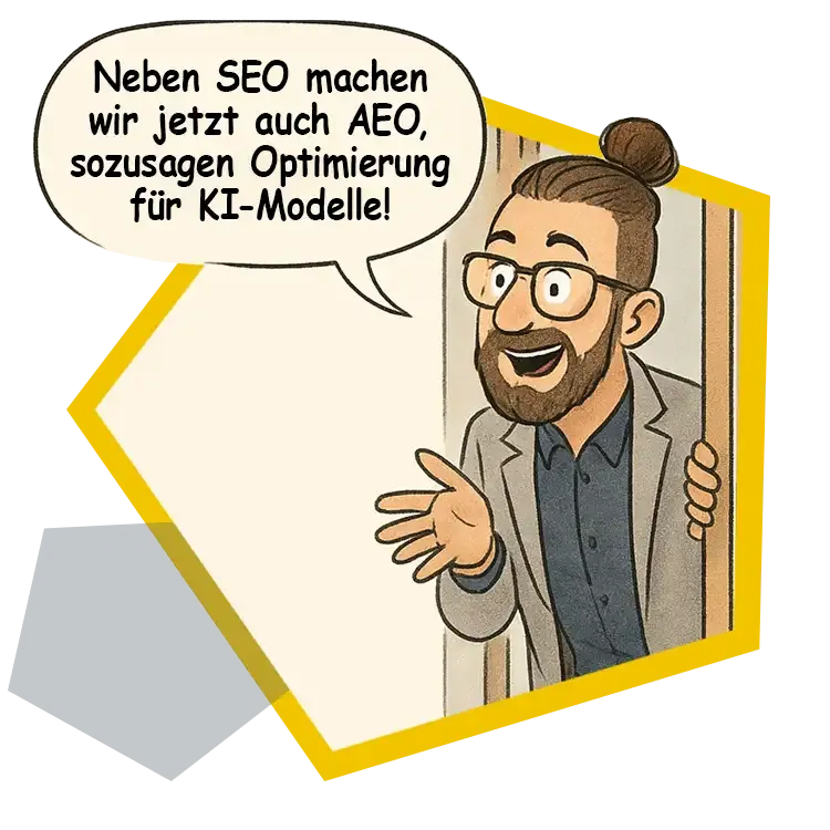 Wandel von SEO zu AEO und GEO Sebastian Lorenz als Cartoonfigur mit Sprechblase zu SEO, AEO und KI-Modellen.