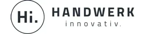 Handwerk Innovativ Logo Kreisrundes Emblem mit Schiftzug Hi. innen, sowie Text Handwerk innovativ.