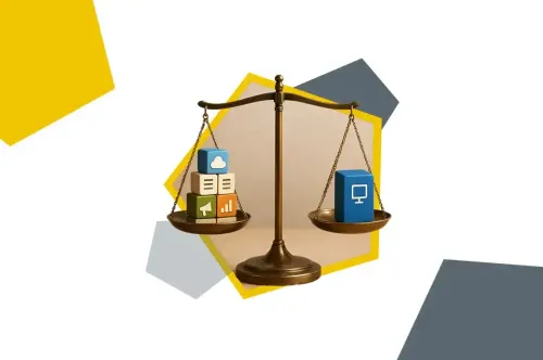 Waagschale mit der Abwägung zwischen isolierten Einzellösungen und einem integrierten Intranet.