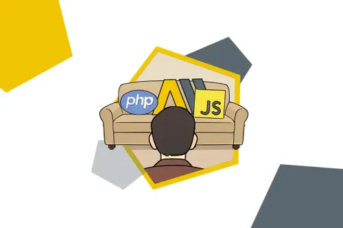 Logos von PHP, AM GmbH und JavaScript auf dem Sofa bei der Paartherapie, Comic-Stil.