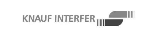 Knauf Interfer Logo Unternehmensname in Großbuchstaben links, rechts daneben ein Logomotiv in grau.