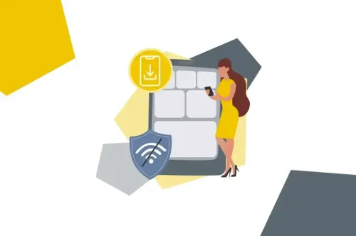 PWA-Symbole mit Figur für die Vielseitigkeit ohne App-Store und Internet.