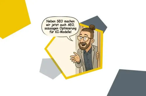Cartoon mit Sprechblase über das Angebot von AEO als Optimierung für KI-Modelle.