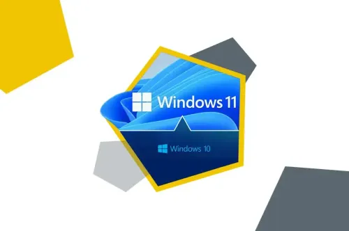 Pfeil von unten vom Windows 10 Logo nach oben, dort Windows 11 Logo mit blauer Welle.