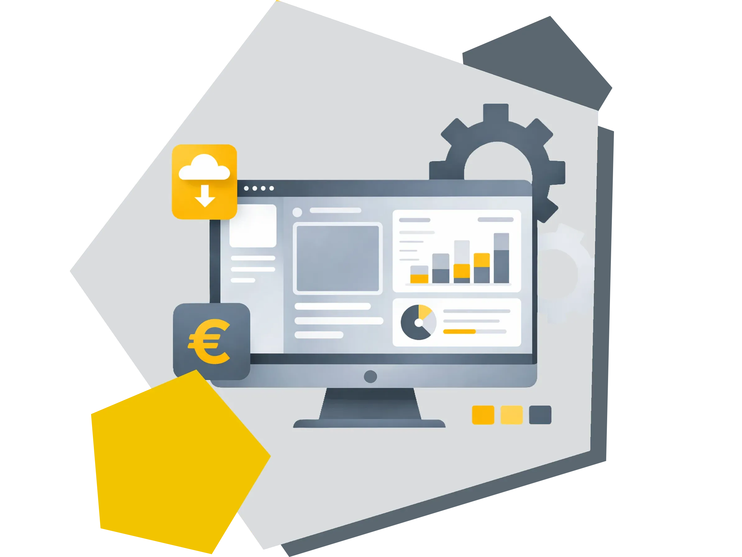 Illustration einer Standardsoftware auf einem Monitor mit Dashboard, Zahnrädern und Euro-Symbol.